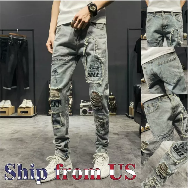 Man Casual Ripped Mesh Graffiti Denim Jeans Jogger Pants Skinny Workout Trousers