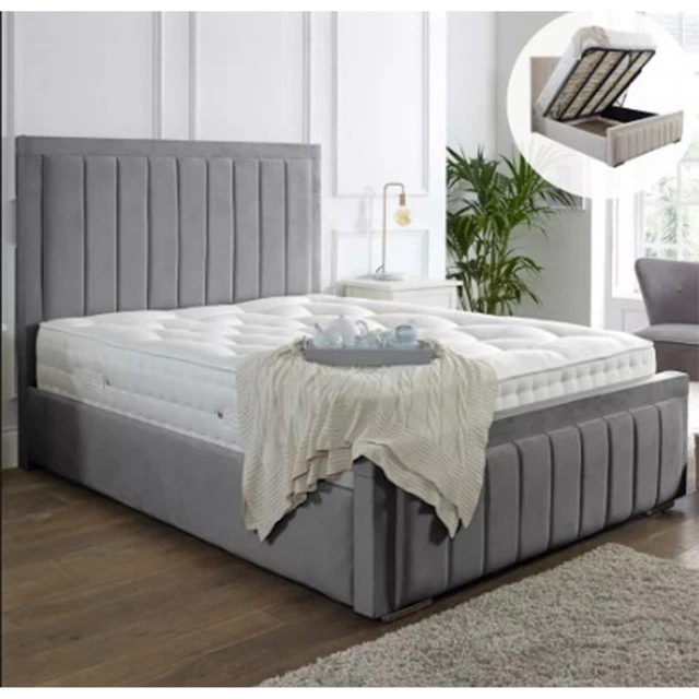 NEW OTTOMAN STORAGE Panel Plush Velvet Upholstered Bed Frame Double