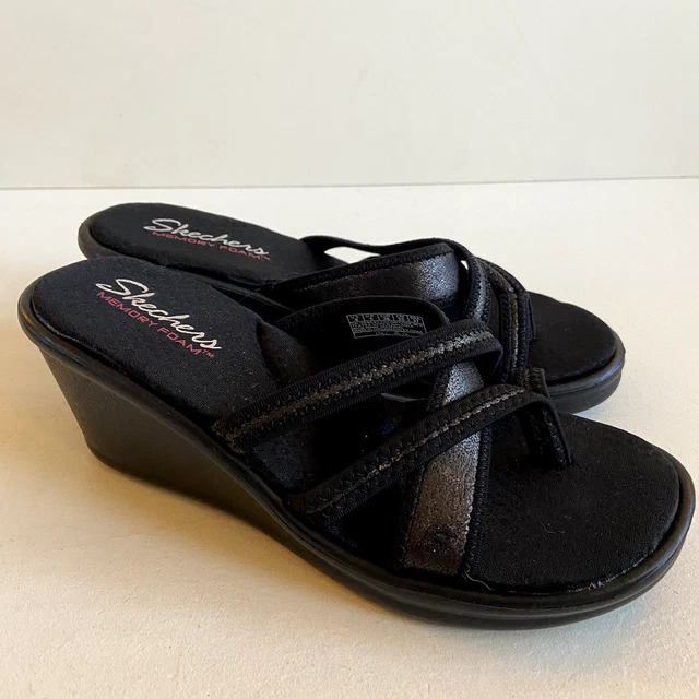 Skechers Rumblers Womens Sandals Sz 8 Strappy Wedge Slip On Black Flip Flop