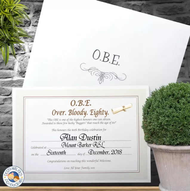 OBE Over Bloody Eighty Certificate 80th Birthday Gift Personalised A5 size card