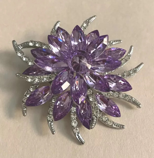Purple Crystal Petal Flower Brooch Scarf Lapel Pin ART DECO Large 2.25” Wow 3