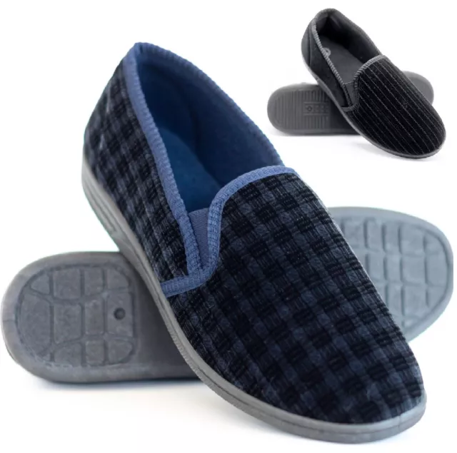 Mens Gents Slip On Black Indoor Easy Fitting Hard Sole Comfy Slippers Shoes Size