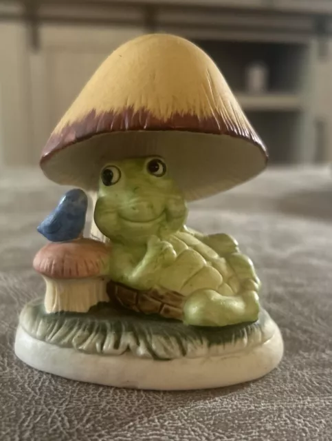 Vintage Ceramic Frog and Bird Sitting Under Mushroom Antique Figurine Sculpture