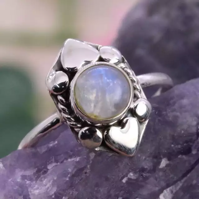 Rainbow Moonstone 925 Sterling Silver Handmade Jewelry Ring of UK Size L