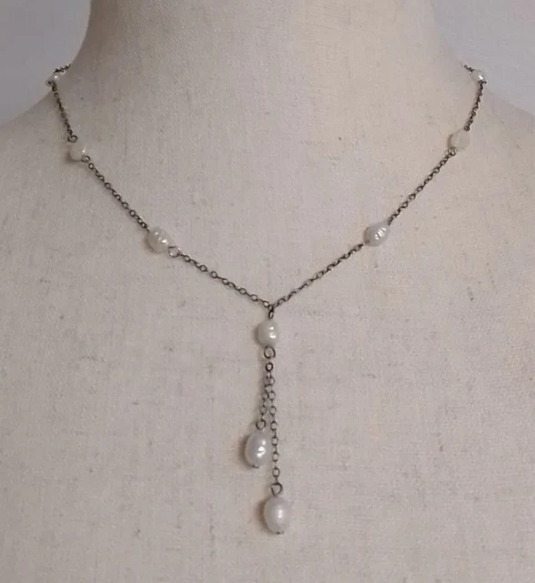 Sterling Silver 925 Lariat Necklace Freshwater Cultured Pearls Acid Tested