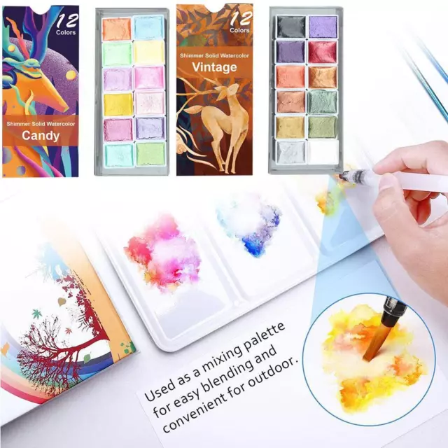 12Colours Solid Watercolour Paint Set Including Metallic Pearl Colour