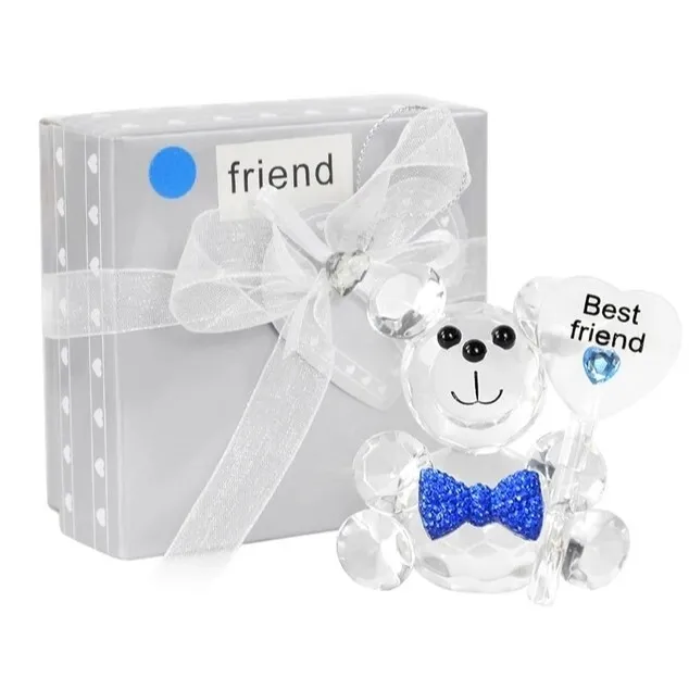 Teddy Bear Crystal Clear Ornament Gift Boxed His Hers Best Friends Gift Blue Bow