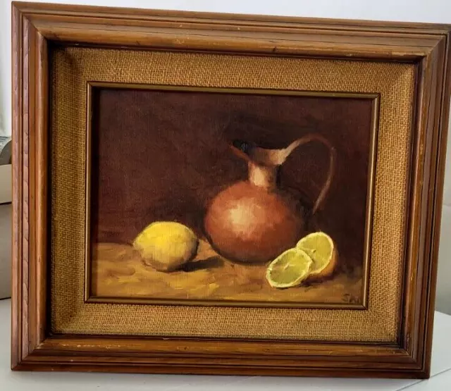 Framed Vintage Copper Jug & Lemons Still Life Oli Painting On Canvas, Signed