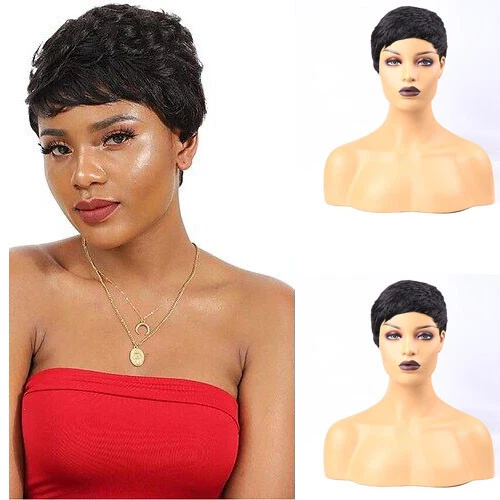 Pelucas cortas de cabello humano negras rectas de corte pixie para mujer con golpes sin encaje diarias
