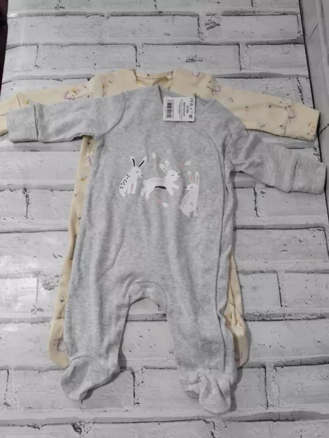 BNWT NEXT Baby Girls Set Of 2 Preloved Bunny Babygrow Sleepsuits Up to 1 Month