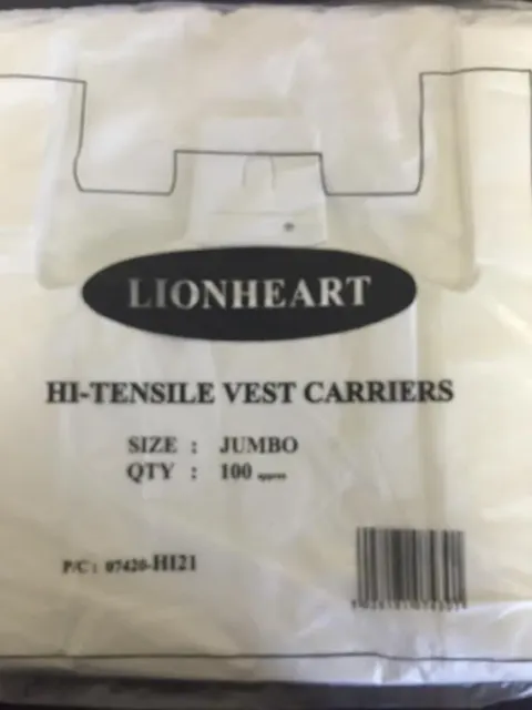# White Lionheart Vest Shopping Carrier Bags Supermarkets/Stalls 12x18x24" 17mu