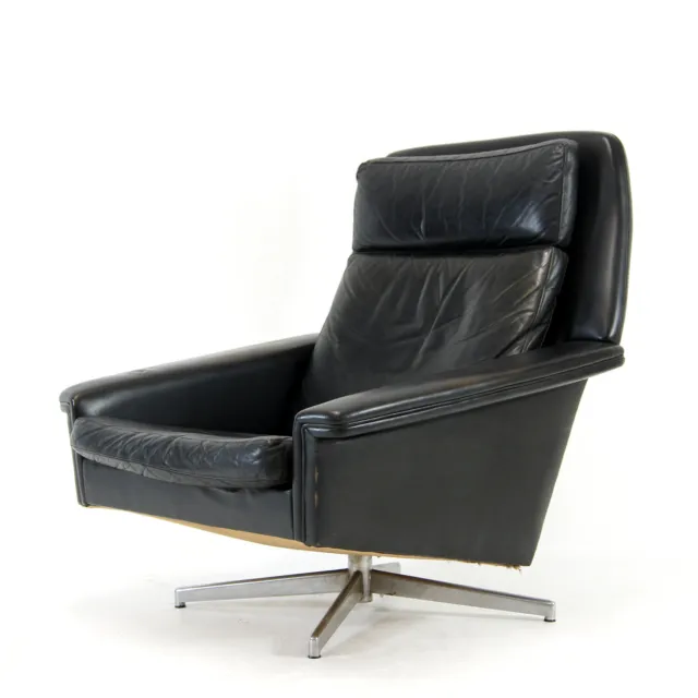 Retro Vintage Danish Black Leather High Back Swivel Lounge Chair Armchair 1960s