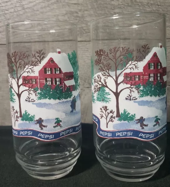 Vintage 80's Pepsi Glasses Ice Skating Winter Scene Set Of 2 Drinking Glasses