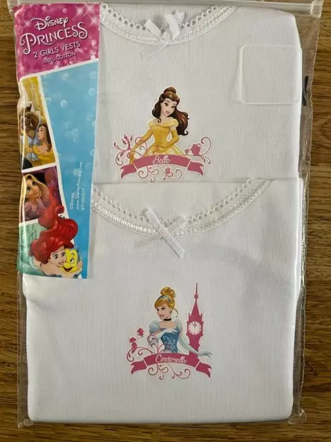 BNIP 2 Pack Disney Princess Girls Vests White 100% Cotton Age 3-4 yrs Cinderella