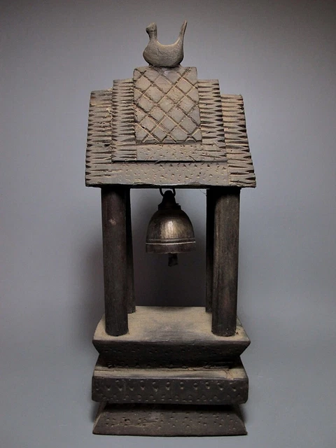 Antique Bronze Bell in Pavilion Cock Roof Figure Wood Stand high 14"