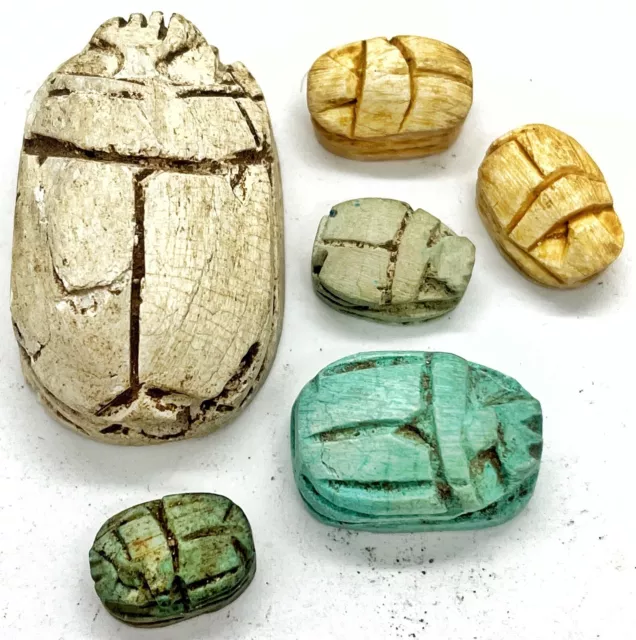 6 Egyptian Faience Clay Scarab Beads Bugs Ancient  Style Old Appraised $300.00