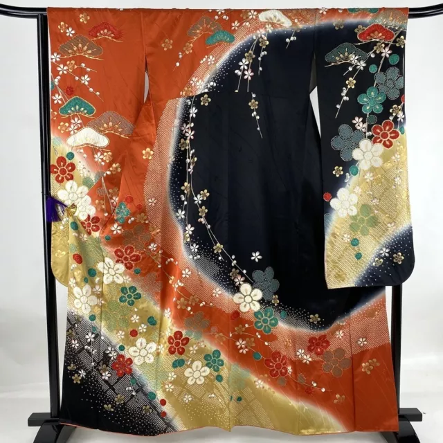 Japanese kimono SILK"FURISODE" long sleeves, Gold, SHIBORI, UME, L 63".1828