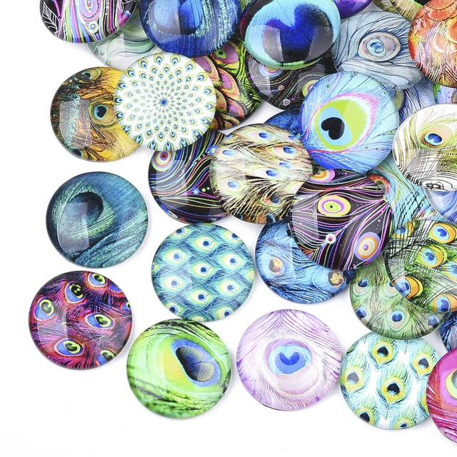 10 & 20 Stck. Glas Cabochons Pfauen Design 25 mm Pfauenfeder Verzierungen