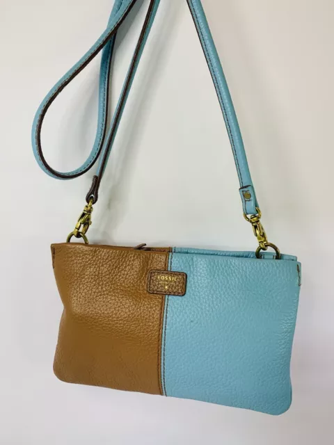 FOSSIL LEATHER PURSE CROSSBODY BAG in Brown & Blue Color block