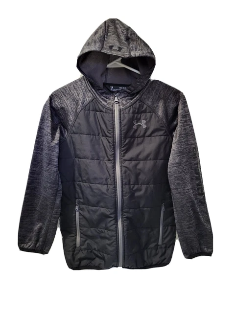 Under Armour Trekker Hybrid Jacket YMD Hood Zipper Youth Medium Boys Black Gray