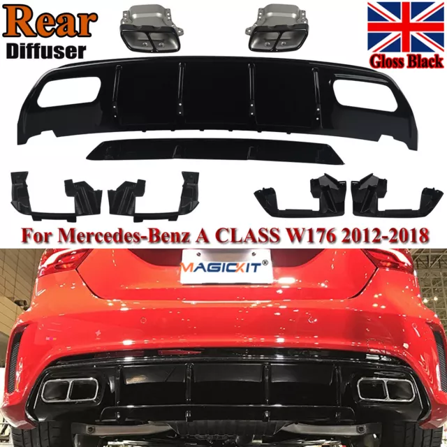 For Mercedes A Class W176 Amg A45 Look Rear Diffuser Tailpipes Gloss Black 12-18