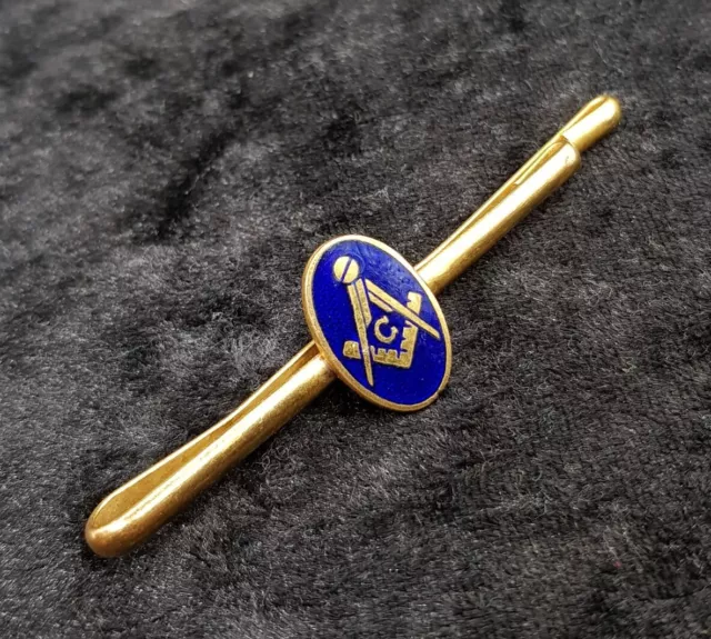 Vintage Gold Tone Blue Enamelled Masonic Tie Bar Clip - Freemasons Mason