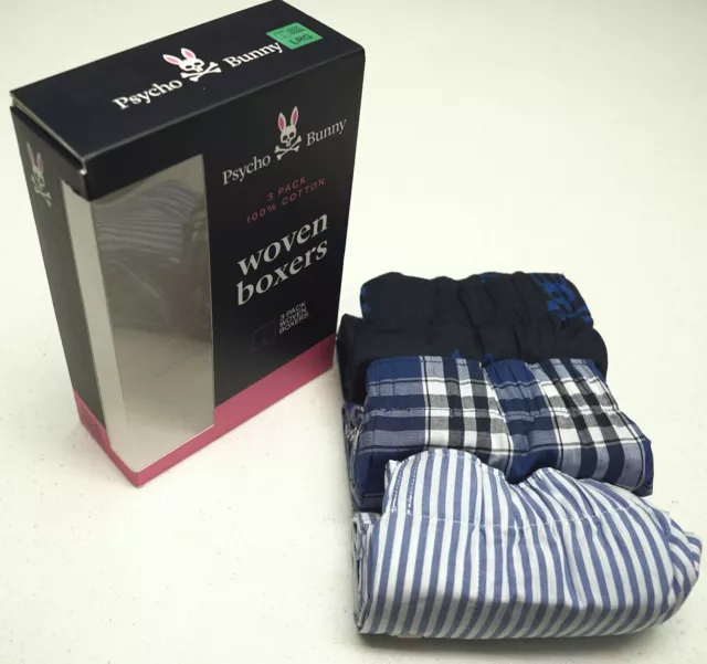 Psycho Bunny Woven Boxers Pack of 3 Underwear Blue Stripe Plaid Logo $58