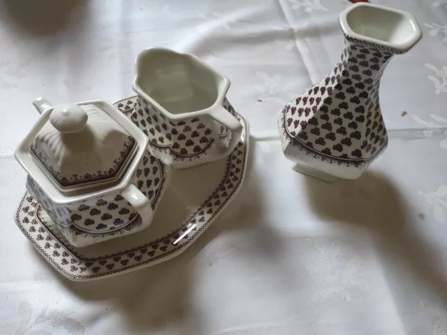 Milchkännchen, Zuckerdose auf Tablett + Vase, Adams England Geschirr,