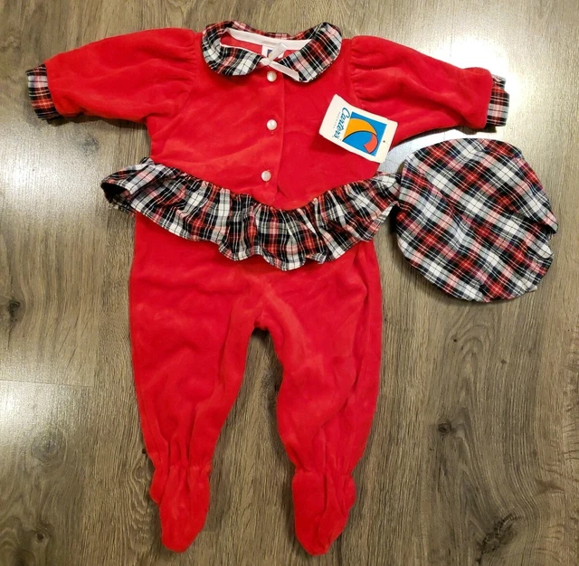 80s Carters Jumpsuit 6 Mos Baby Christmas 2 Pc Set Red Velour Plaid Beret USA