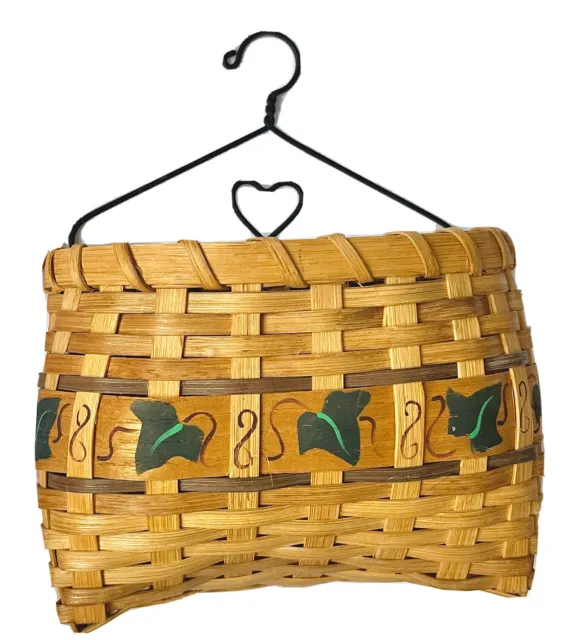 Small Wall Basket Vintage Handpainted Ivy Metal Hanger Hook Heart Handmade Wood