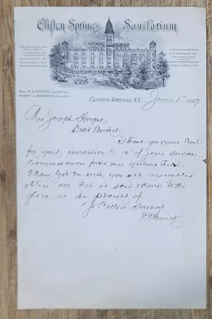 1907 Letterhead Clifton Springs New York Sanitarium