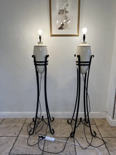 Pair Ceramic Standard Lamps On Wrought Metal Stands NICE WORKING PAIR Gothic