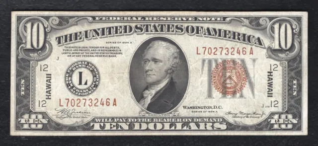 Fr. 2303 1934-A $10 Ten Dollars “Hawaii” Frn Federal Reserve Note Very Fine+