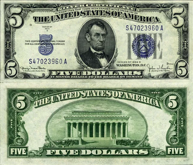 FR. 1654 $5 1934-D Silver Certificate S-A Block Wide I Choice CU