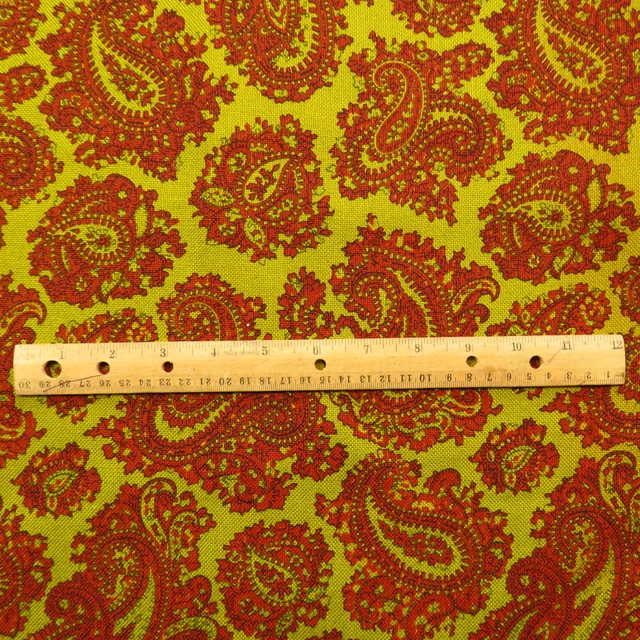 BTY 1960s 70s Upholstery Fabric Red Acid Green Paisley