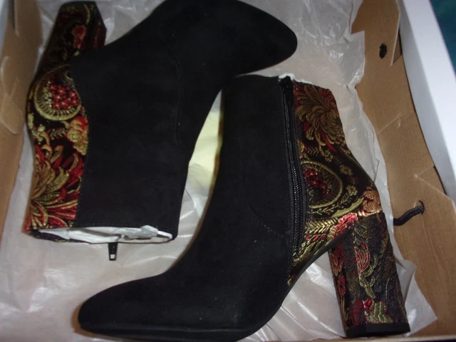 Eram / Bottines Boots Cuir et Daim Noir / Talon Noir et Rouge fleuri / T.35 NEUF