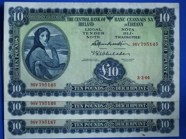 3x 1964 Ireland Irish Eire, Ten pound £10 banknote, CONSECUTIVE Lavery [28400]