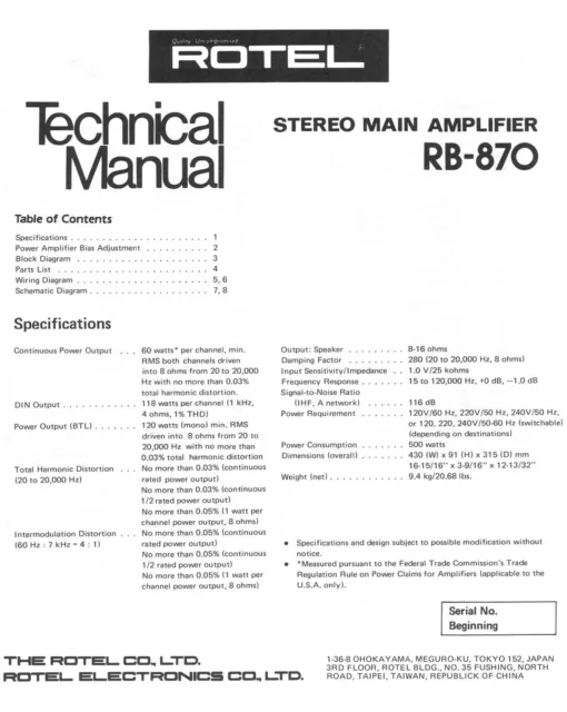 Servizio Manuale di Istruzioni per Rotel RB-870