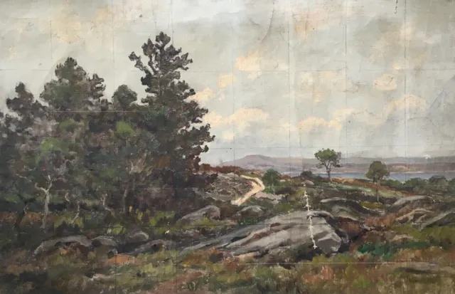 Cuadro antiguo, Paisaje costero, Óleo sobre lienzo sin marco, Pintura de...