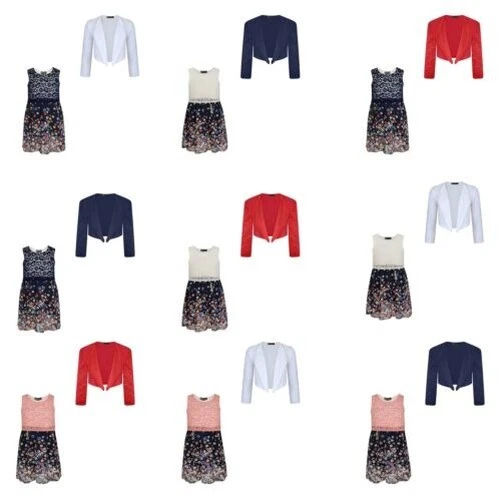 Ragazze Pizzo Top Floreale Abito Fascio con Lungo Pizzo Manica Bolero 3-14 Anni