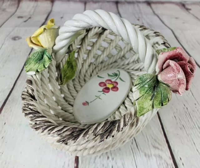 VINTAGE Capodimonte Porcelain small Flower Basket With Color Roses Made in ITALY