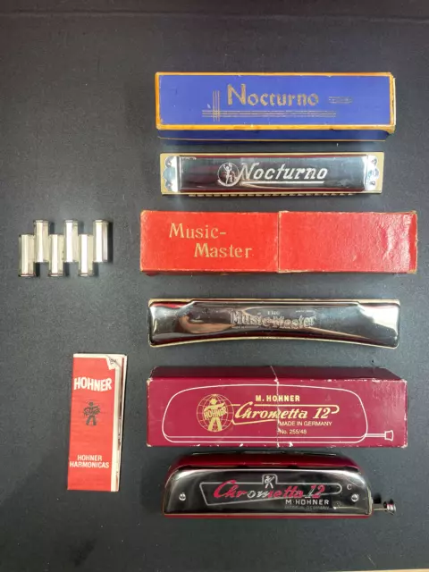 Lot Instrument Musique à Vent dont 3 HARMONICAS Hohner Nocturno music master