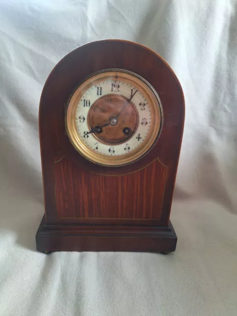 Vintage Large Inlaid Mahogany Chiming Striking Mantle Clock with Key & Pendulum