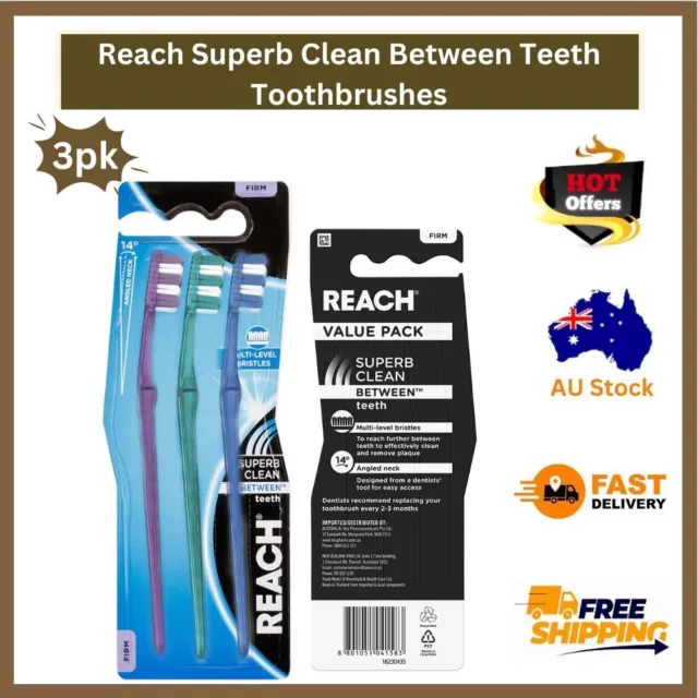 3pk Reach Superb Clean Between Teeth Toothbrushes Multi-level Firm Bristles