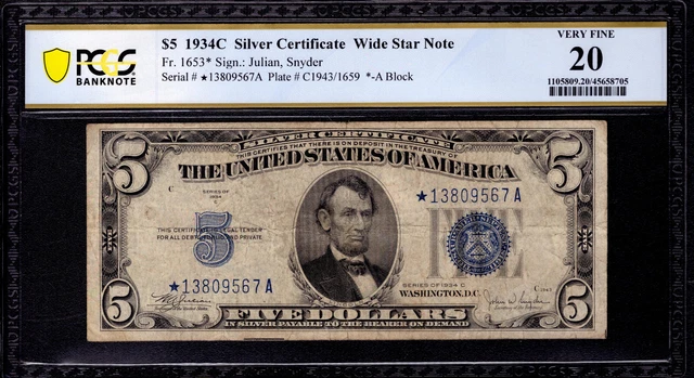 1934 C $5 Silver Certificate Star Note Fr.1653* Pcgs B Very Fine Vf 20 (567A)