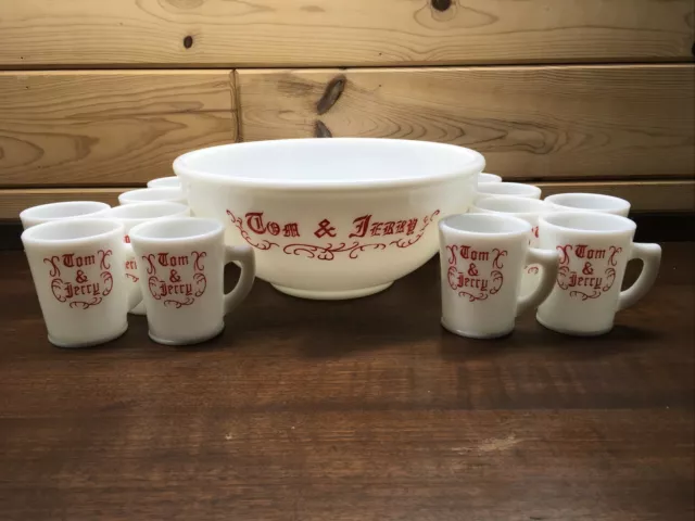 Vintage McKee Tom & Jerry Milk Glass Eggnog/Punch Bowl Set W/ 12 Cups