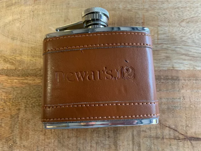 Dewars 12 Scotch Whiskey Pocket Flask Leather and Stainless Steel - 4 oz (empty)