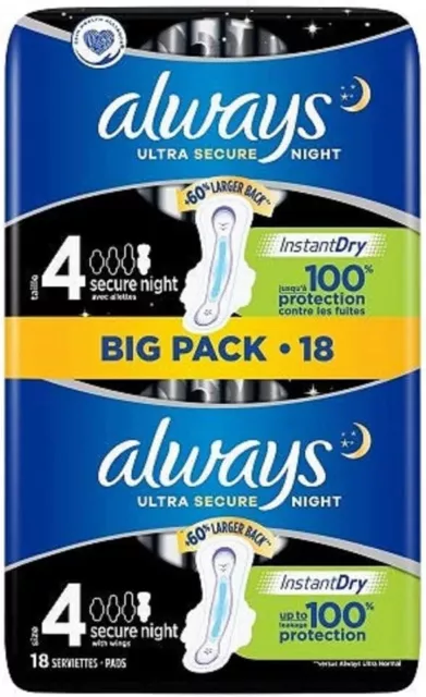 LOT DE 2 - ALWAYS - Ultra Secure Night Taille 4 - Paquet de 18 serviettes hygién