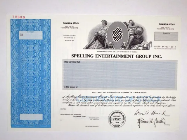 FL. Spelling Entertainment Group Inc., 1994 Specimen Stock Certificate, VF ABNC
