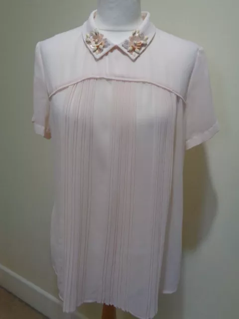 French Connection Peach Short Sleeve Blouse With Beaded Collar - Size 12